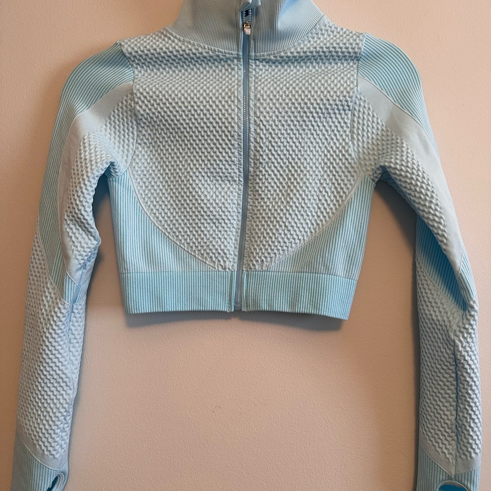 Light Blue Textured Zip-Up Cropped Jacket